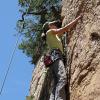Liz climbing the fun, thin, 10
