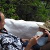 Mark and Gabe relax with a snack