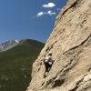 Jo climbing high above Lilly Lake in Rocky Mountain NP