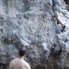 Weeks tackles the steep, slippery, warmup (a 5.9 or 5c on 1,2,3 Wall)
