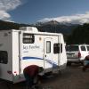 The trailer parked with nice mountain views